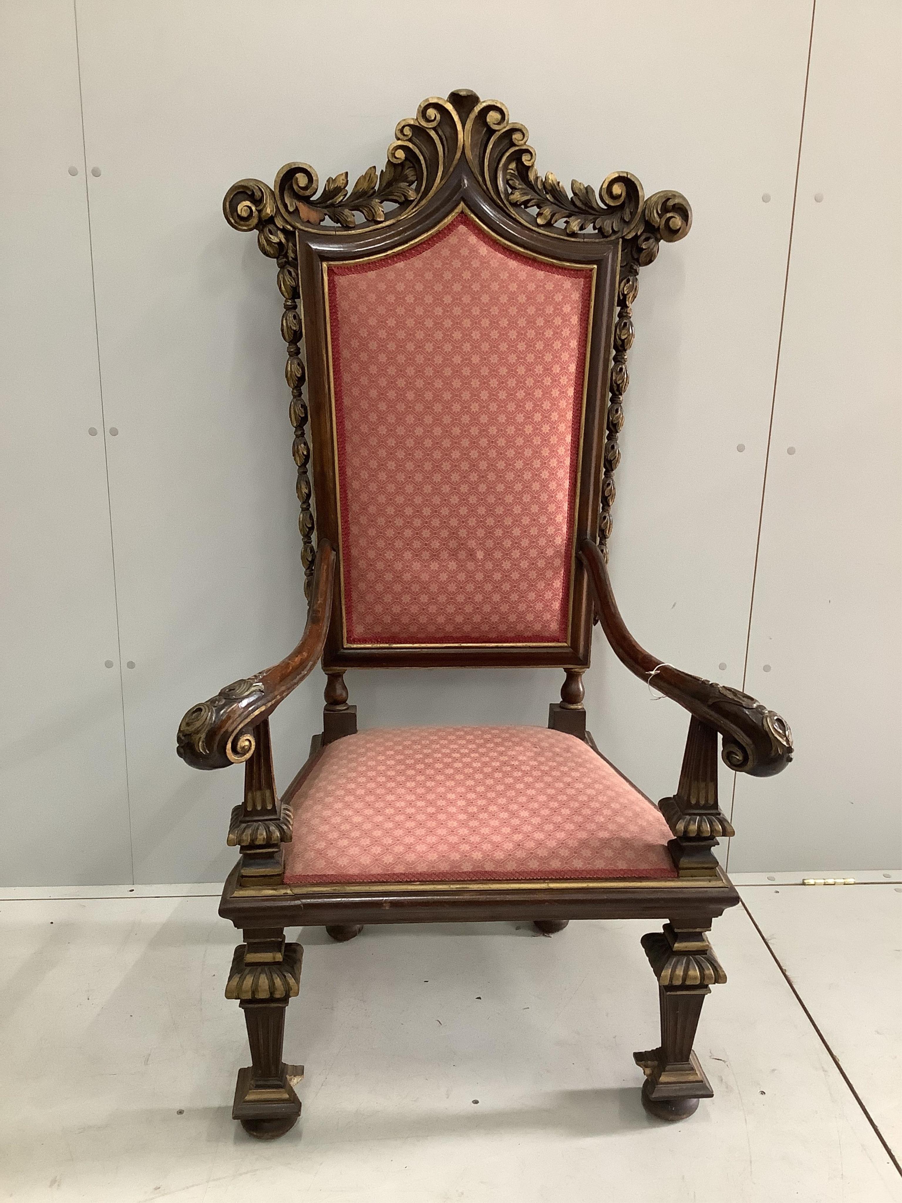 An 18th century style parcel-gilt walnut high back elbow chair. Condition - fair